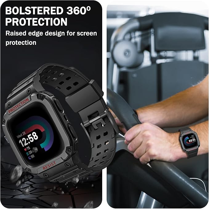 FINTIE Bands with Case Compatible with Fitbit Versa 4/3/2/1/Versa Lite/Fitbit Sense 2/Sense, Protective Case Strap Rugged Sport Band Men, Black