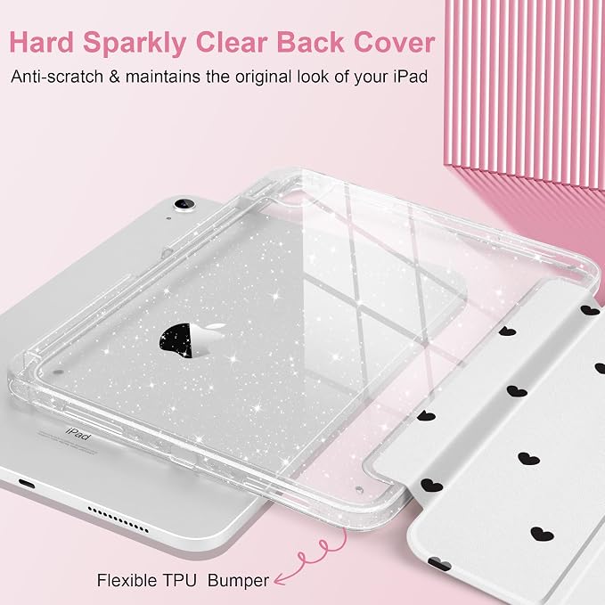 MEEgoodo Case for iPad A16 11th Generation 2025/10th Generation 2022 Glitter Tablet Cases with Transparent Acrylic Back+Trifold Stand +Pencil Holder+Auto Wake/SleepAbstract Sun &amp Palm Tree