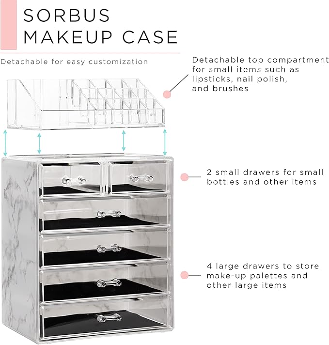 Sorbus Clear Cosmetic Makeup Organizer - Make Up & Jewelry Storage, Case & Display - Spacious Design - Great Holder for Dresser, Bathroom, Vanity & Countertop (4 Large, 2 Small Drawers - Marble Print)