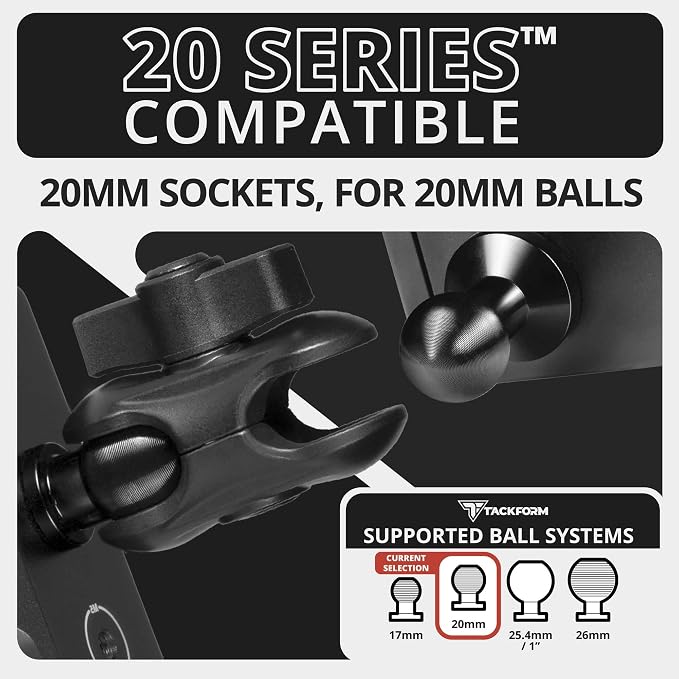 2 Long Metal 20mm Ball and Socket Arm | Tackform DuraLock 20 Series | Dual 20mm Sockets with Optional Anti-Theft Knob | Black