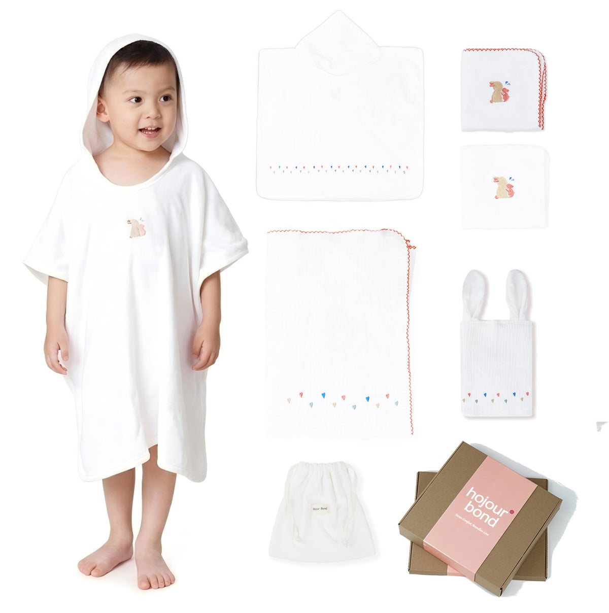 Hojour Bond Premium Cotton Toddler Hooded Beach Poncho Towel 6-Piece Set