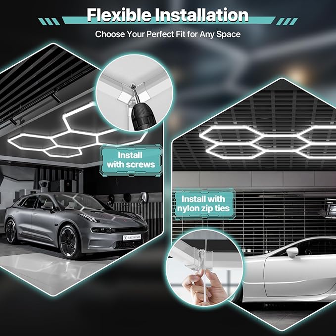 Hexagon Garage Lights, 14 Grids LED Garage Hexagon Lights with Rectangle Frame, 6500K Super Bright Honeycomb Lights for Garage, Warehouse, Car Detailing Shop, Exhibition Hall, Gym