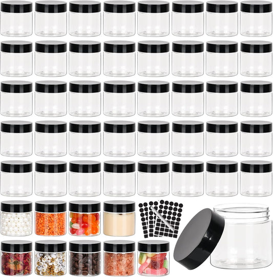 50pcs 2 oz Clear Plastic Round Jars with Black Lids, 2oz 60ml Leak-Proof Wide-Mouth Cosmetic Storage Containers for Kitchen Use, Beauty Products, Cream, Scrubs, Bath Salt and More