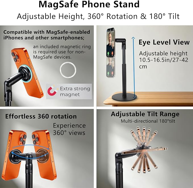Phone Stand for Desk with MagSafe Magnetic Function，Aluminum Alloy Phone Stand 360° Rotatable &amp Telescopic for Video Recording，Stand for iPhone 17 Pro Max 16/15/14/13/12 and for Samsung.