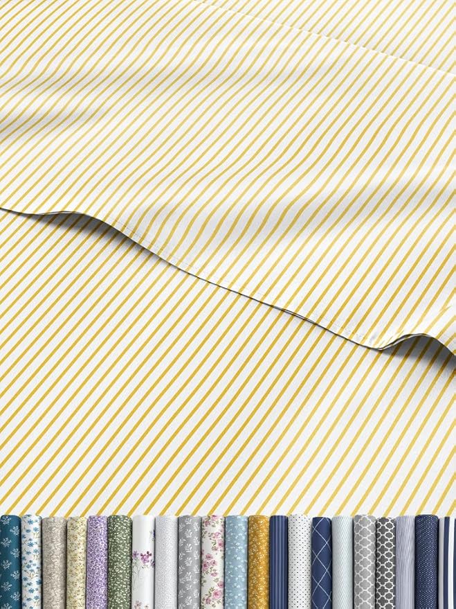Yellow Striped Sheets - 1 Flat & 1 Fitted Sheet & 2 Pillowcases w/ Deep Pockets - Cozy, Wrinkle & Fade Resistant - Ultra-Soft, Comfy, Breathable & Cooling - Luxury Pinstripe Bedding - Queen Size