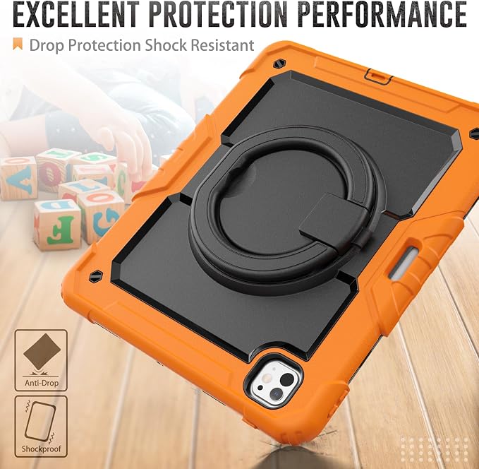 for iPad Pro 11 inch Protective Case M5 2025/M4 2024: Heavy Duty Shockproof Case with Pencil Holder - 360°Rotating Handle/Stand - Screen Protector - Shoulder Strap Black/Sky Blue