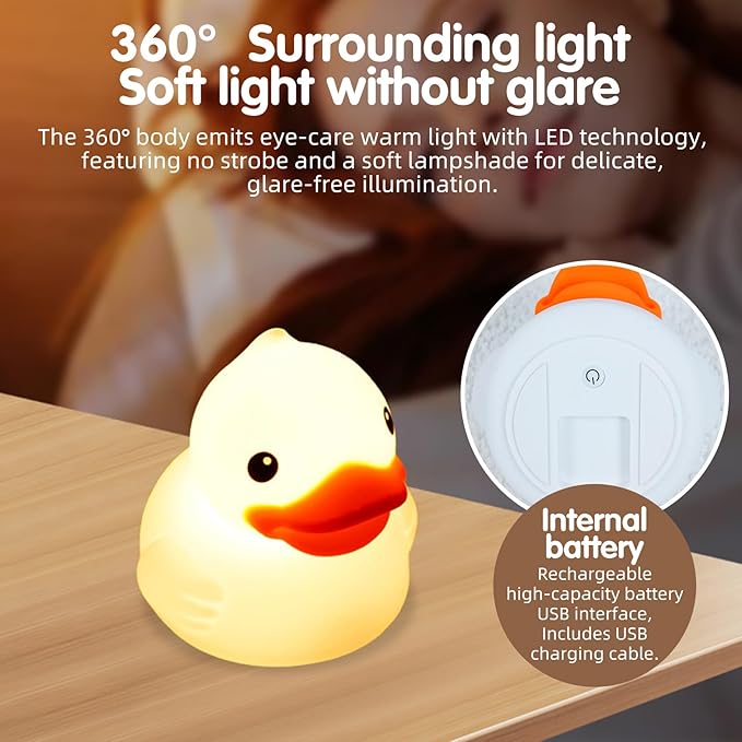 Junlumen Cute Duck Night Light – Soft Silicone Tap Lamp for Kids, USB Rechargeable, Color-Changing, BPA-Free QuackLite 7