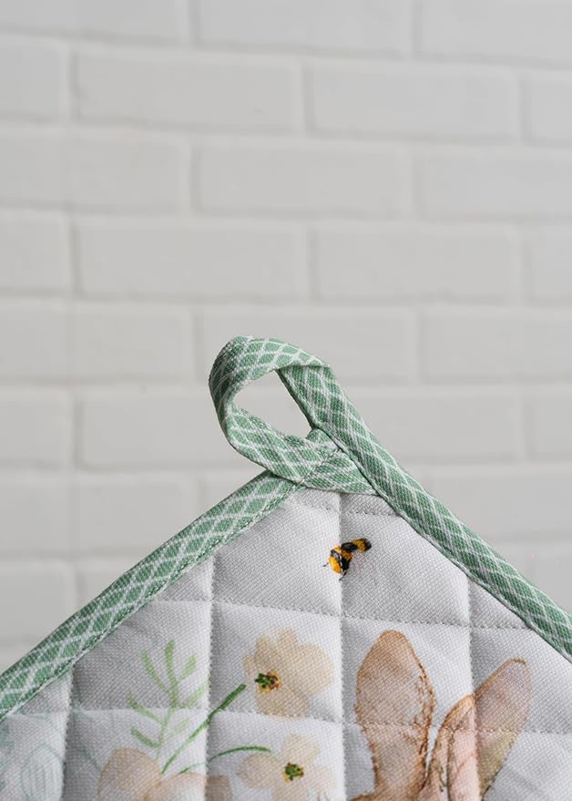 Maison d' Hermine Pot Holders Set 100% Cotton Heat Resistant Potholders 8" x 8" Hot Pads with Loop BBQ, Cooking, Baking, Grilling, Kitchen, Handling Hot Pans Spring/Summer (Pack of 2, Easter Dew)