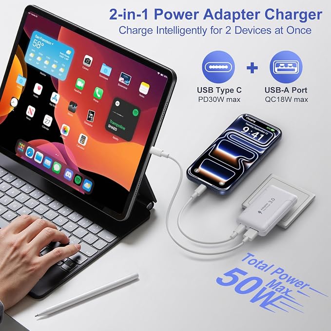 Slim Flat USB C Wall Plug OKRAY 50W Ultra-Thin&ampFoldable Dual USB Charger | PD30W USB-C+USB-A Fast Charging Block Multiport Travel Power Adapter for iPhone 17 Air 16 15 14 13 12 ProiPadGalaxy S2