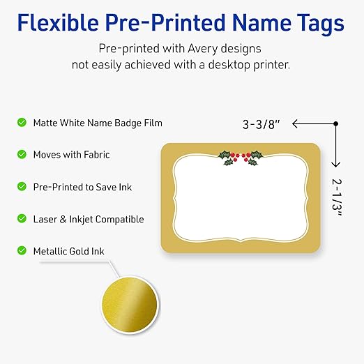 Avery Printable Christmas Adhesive Name Badges, Rectangle, 2-1/3" x 3-3/8", Pre-Printed Metallic Gold Border with Holly Design, Matte White, Laser & Inkjet Compatible, 80 Total