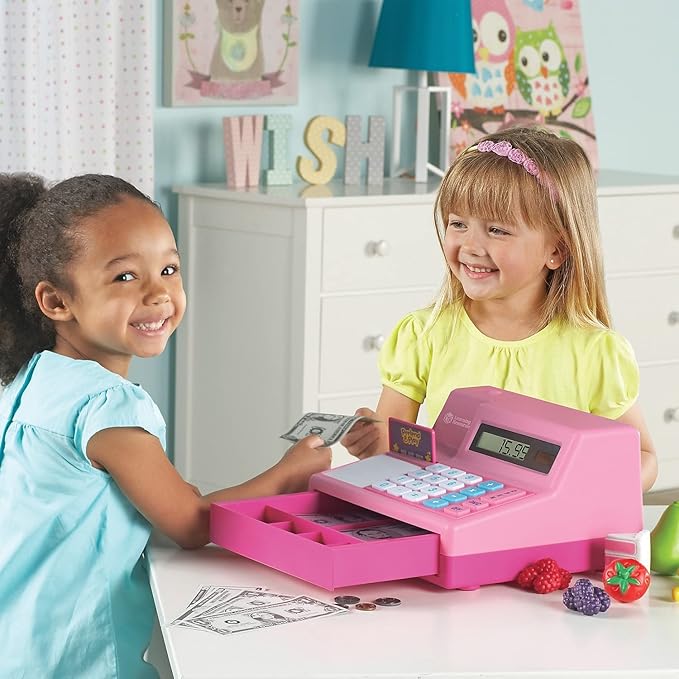 Learning Resources Pretend and Play Calculator Cash Register Pink - Money for Kids, Math Games, Playstore Grocery Store, Fine Motor Skills, Preschool Activities, Toddler Plastic Coins