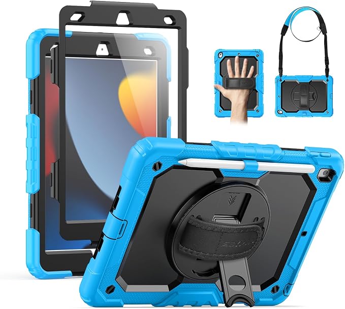 SEYMAC for iPad 9th/8th/7th Generation Case 10.2 2021-2019 Full-Body Shockproof Protective Case with Screen Protector Rotating Stand/Handle/Shoulder Strap for iPad 10.2 Blue/Black