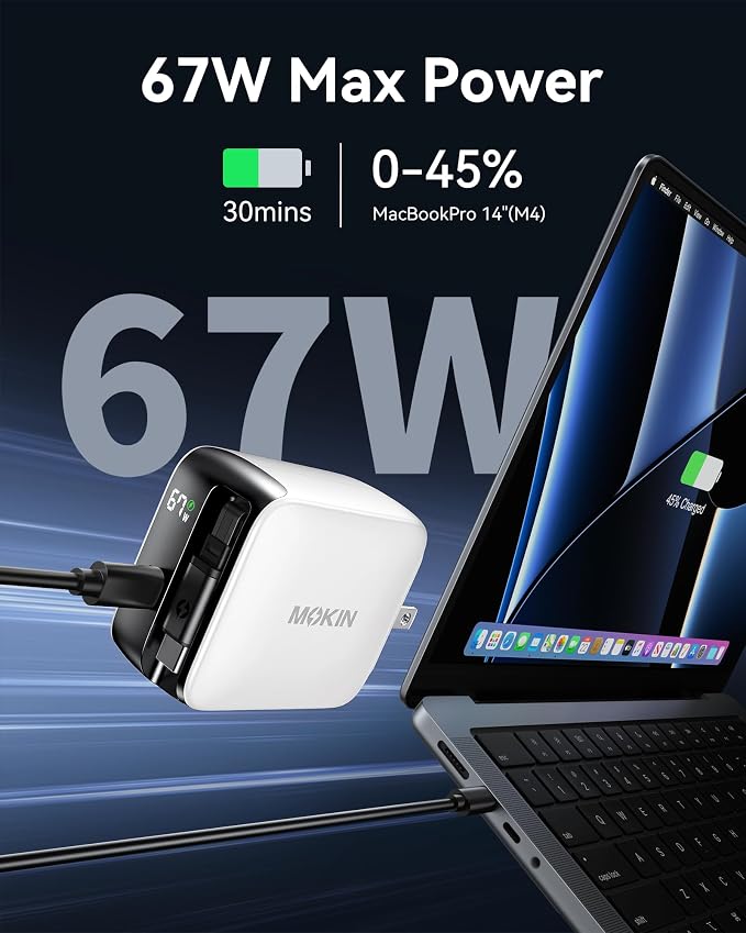 Retractable USB C Charger 67W 2-Port Fast Charger with Retractable Cables and Foldable Plug