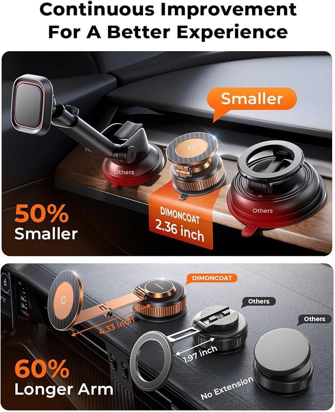 Vacuum Magnetic Car Phone Holder for Magsafe，Long Arm for Tesla Model Y/3 | All Metal，Nano Gel 119+LBS Max Suction，Foldable Hidden Tesla Phone Mount，360°Rotation，Easiest Car Mount for iPhone &amp And