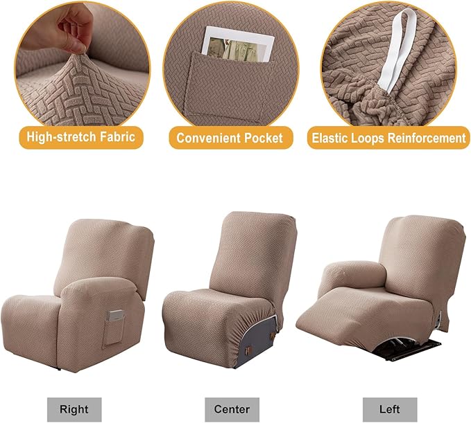 Genina Recliner Cover Stretch Couch Covers, Sofa slipcover for Reclining Couch Thick Jacquard Furniture Protector Washable (Taupe, 3 Seat)