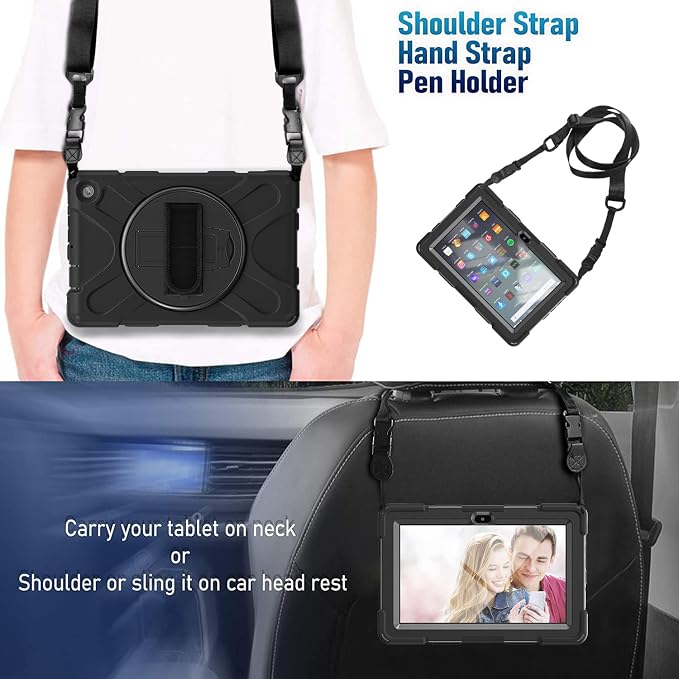 Case for Galaxy Tab S10 FE+ 13.1 2025 with Screen Protector+360 Rotating Hand Strap&ampStand+Shoulder Strap (Black)