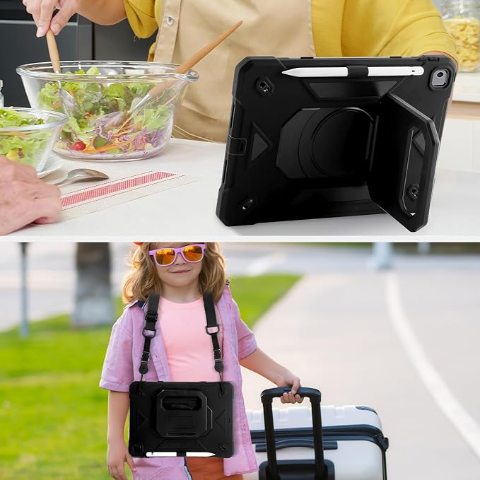 for iPad (A16) 11th Generation Case 11 Inch 2025/ iPad 10th Generation Case 10.9 Inch 2022 with 360 Rotating Grip Magic StandPencil Slot/Key Chain/Carrying Shoulder Strap Cover for iPad 10th Gen
