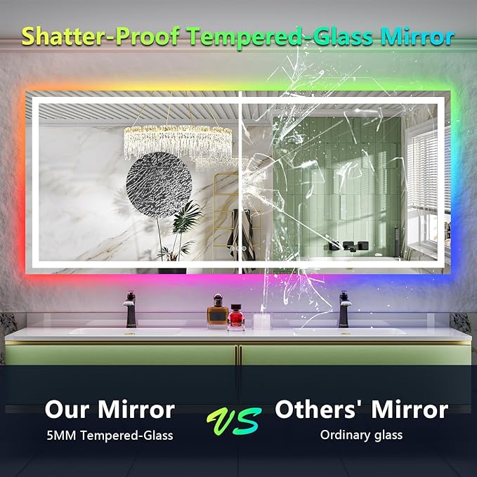 YEELAIT 68x38 Inch RGB LED Bathroom Mirror Front Light and RGB Backlit Lighted Vanity Mirror for Bathroom Wall Mounted Dimmable Anti Fog Memory Shatter-Proof IP54 Waterproof Horizontal/Vertical