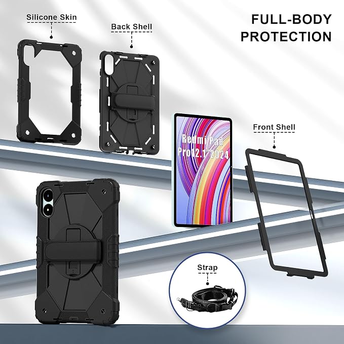 for Xiaomi Redmi Pad Pro 12.1/Xiaomi Poco Pad 12.1 Case with with Kickstand/Hand Strap/Rotating/Shoulder Strap (Black/Black)