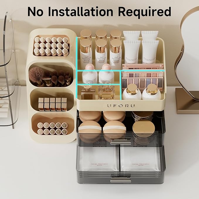 Makeup Organizer for Vanity with Brush Holder, Countertop Organizer with 2 Drawers, Spacious Cosmetic Display Case for Beauty Essential, Skincare, Lipstick