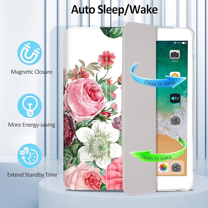 Lokigo for iPad 9th/ 8th/ 7th Generation Case 10.2 Inch (2021/2020/2019 Release) iPad Air 10.5 (3rd Generation) 2019 /Pro 10.5 2017 Case with Translucent Hard Shell Back -Flowers