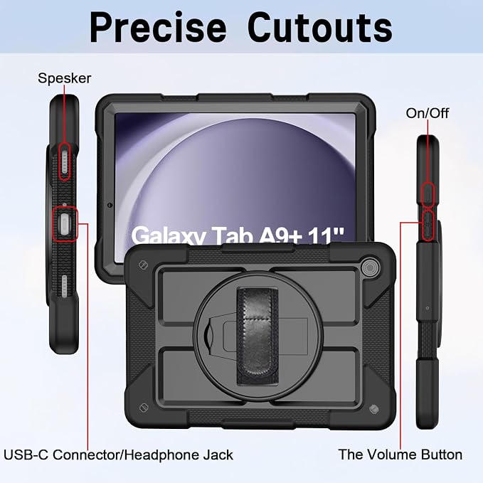 Case for Samsung Galaxy A11+ Plus/ A9 Plus 11 inch 2026/2023 with 360° Swivel Handle Strap Cover with Lanyard Black
