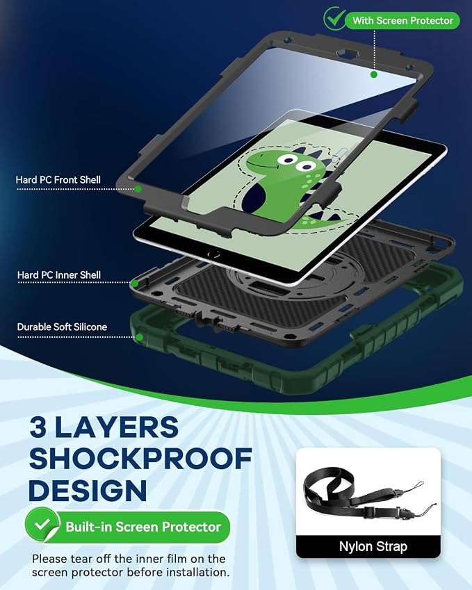 Cantis Case for iPad 9th/8th/7th Generation with Screen Protector iPad 10.2 Case 2021/2020/2019 with 360 Degree Rotating Stand/Shoulder Strap/Pencil Holder Alpine Green
