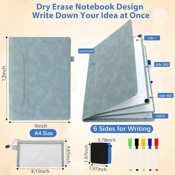 6 Sides Dry Erase Notebook Portable Whiteboards Notebook 12"x9"(a4) Small Reusable Whiteboard Notepad Foldable Anti-ghosting Surface, Travel White Board for Office Study Meeting Planning
