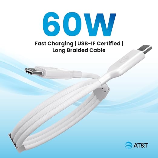 AT&ampT USB-A to USB-C Cable 6ft Braided Nylon – 60W Fast Charging USB-IF Certified 480Mbps Data Transfer – Compatible with iPhone 15/16 Galaxy Pixel Tablets &amp More – Black