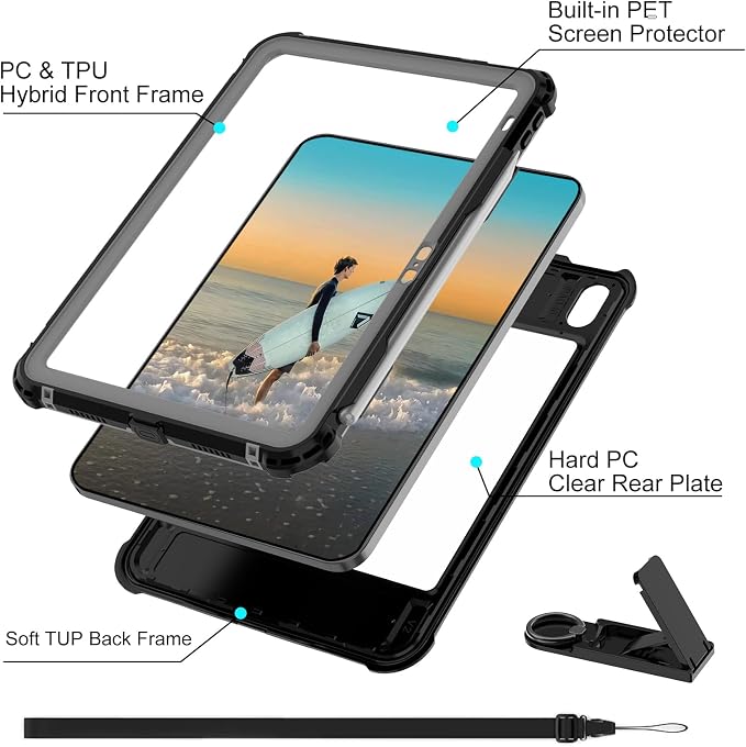 10.2 Waterproof Case Compatible with iPad 9th 8th 7th Generation 2021/2020/2019 Built-in Screen Protector with Strap Stand Pencil Holder Full Body Heavy Duty Protective Shockproof