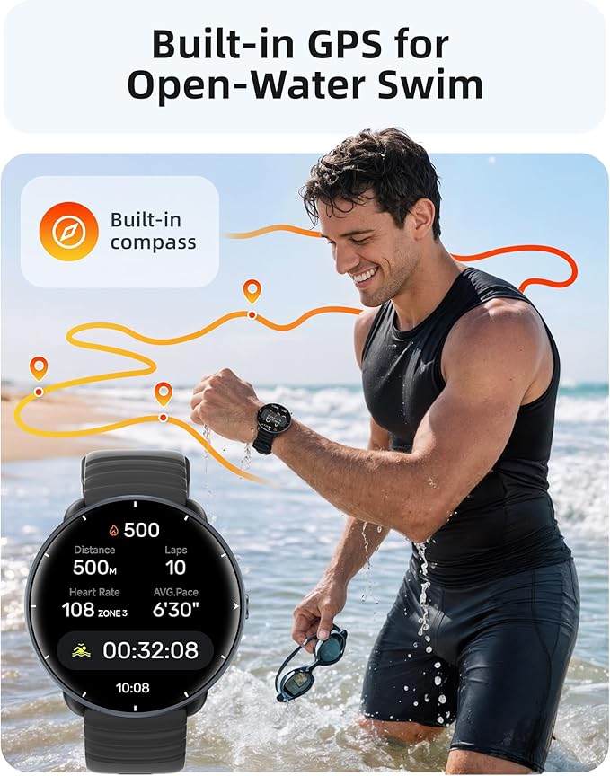Parsonver Smart Watch for Swimming, 5ATM Waterproof Watch for Pool & Open Water, AI Swim Analysis, Built-in GPS & Compass, AMOLED Fitness Trackers 100+ Sports Modes, Heart Rate & Sleep Monitor, Black