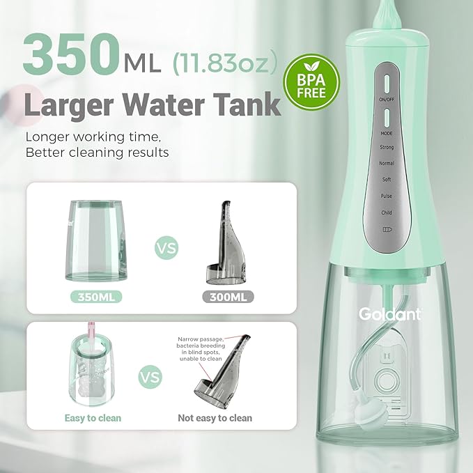 GOLDANT 350ML Water Dental Flosser Teeth Pick with Travel Bag, 5 Modes Portable Cordless Oral Irrigator Cleaner, Electric Rechargeable IPX7 Waterproof for Home Travel Teeth Cleaning flossing (Green)