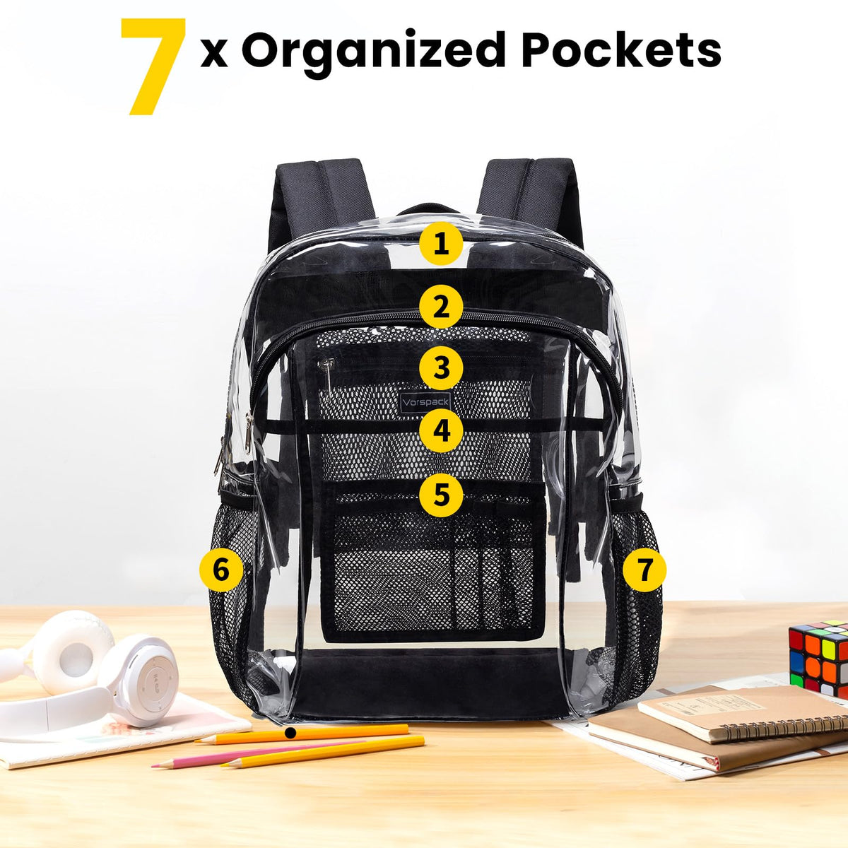 Vorspack Heavy Duty Clear Backpack, Large Transparent Clear Bookbag, Black