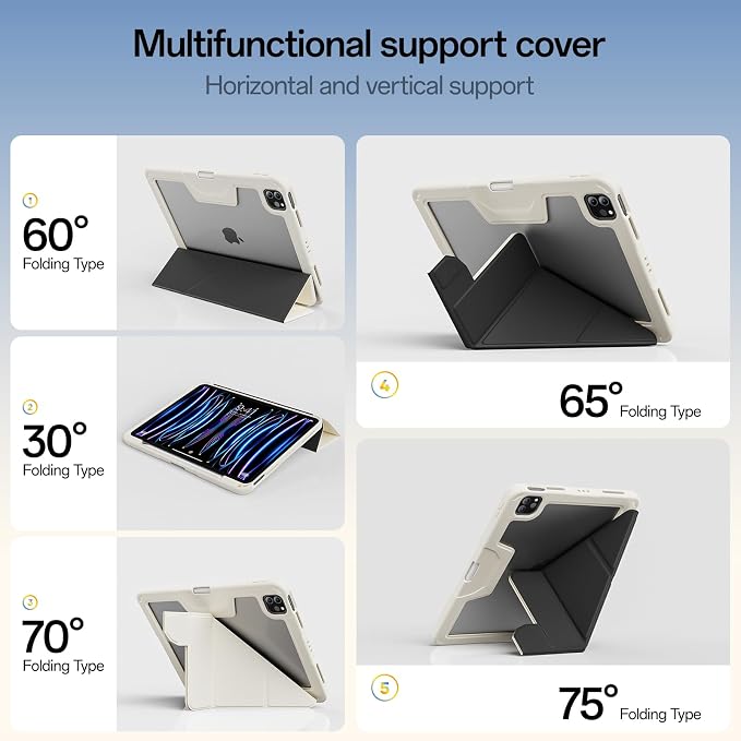 Case for iPad Pro 11 inch (4th/3rd/2nd Generation) 2022/2021/2020 | Y-Stand Shockproof Protective Cover with Pencil Holder Multi-Angle Stand Clear Hard Back (Black)