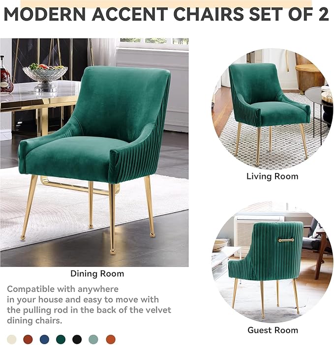 Dining Chairs, Accent Chairs Set of 6, Modern Upholstered Kitchen Dining Room Chairs with Gold Legs, Fabric Tufted Velvet Living Room Chairs for Reception Room Bedroom Guest Room (Deep Green)
