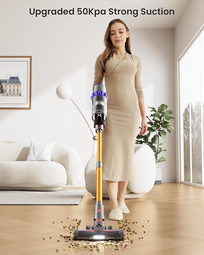 Cordless Vacuum Cleaner,600W 50KPA 65Mins Self-Standing Vacuum Cleaners for Home, Stick Vacuum Cordless with Wall Mount Charging, LED Display, Upgraded Roller Brush for Carpet,Pet Hair,Hardwood Floor