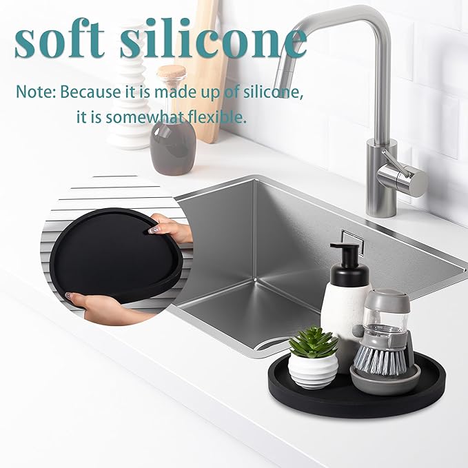 Silicone Bathroom Tray Round Vanity Tray Decorative Soap Holder Kitchen Countertop Organizer Coffee Table Decor for Candle, Perfume, Plant, 8 Inch, Black