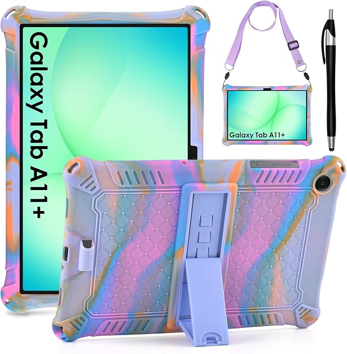 DETUOSI Silicone Case for Samsung Galaxy Tab A11+ Plus 11 Inch 2026/ Tab A9+ Plus 2024 Multi-Angle Foldable Tablet Cover with Adjustable Shoulder Strap &amp Stylus Pen Black