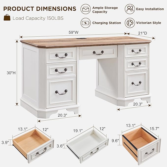 T4TREAM 59" Farmhouse Executive Desk with Drawers,Wood Home Office Computer Desk, Featuring Keyboard Tray,Charging Station,File Drawer, Storage Cabinet,for Work and Study (Antique White)