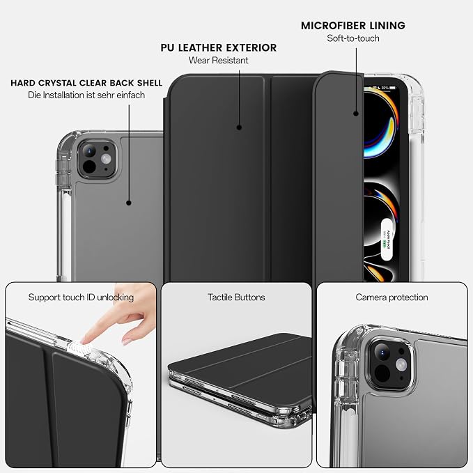 Case for iPad Pro 11 Inch Case (M5/M4) 2025/2024 Black | Pencil Holder 2 in 1 Detachable Trifold Sliding Cover Clear Hard Back Shell Supports Pencil Pro Charging