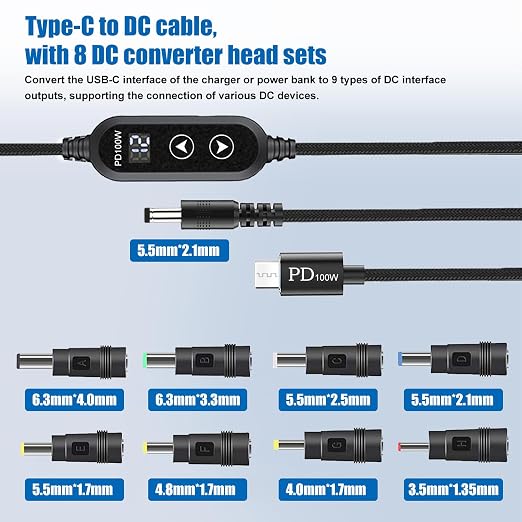100W USB C to DC Charger Barrel PD Trigger Cable with 8 DC Conversion Heads and LED Display Screen DC 5V/9V/12V/15V/20V to DC Adapter Cable for Netbook Tablets Led Light Routers (3.9ft)
