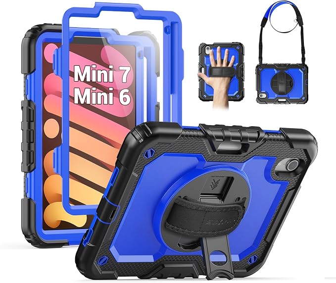 SEYMAC for iPad 9th/8th/7th Generation Case 10.2 2021-2019 Full-Body Shockproof Protective Case with Screen Protector Rotating Stand/Handle/Shoulder Strap for iPad 10.2 Blue/Black