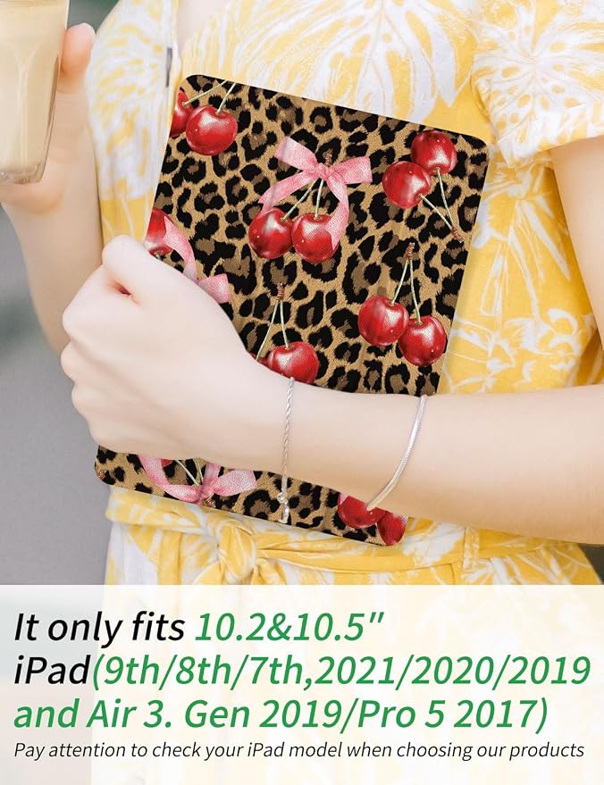 Case for iPad 9th/ 8th/ 7th Generation Case 10.2&amp10.5 Inch (2021/2020/2019 Release) Slim Lightweight Soft Trifold Back Cover with Pencil Holder &amp Auto Sleep/Wake Cover Cherries Cheetah Bows