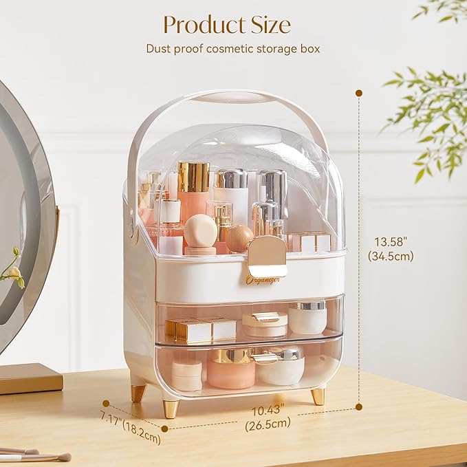 Makeup Organizers, Make Up Organizers for Vanity, Countertop Cosmetic Storage with Drawers and Transparent Cover for Bedroom Bathroom (Pearl White)