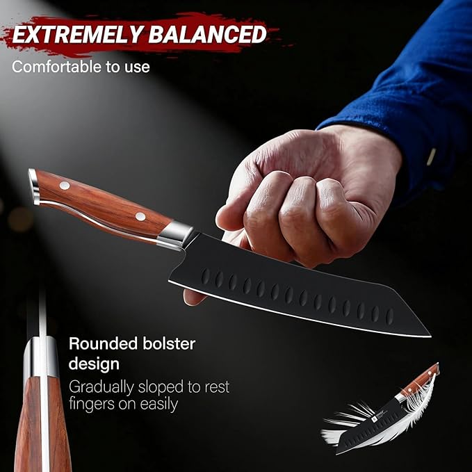TIVOLI Santoku Knife, 7 Inch Professional Chef Knife with Wood Handle