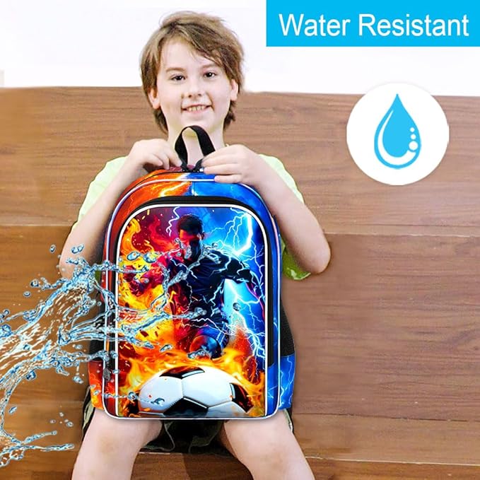 gxtvo 3PCS Soccer Backpack for Kids, 17" Boys School Bookbag with Lunch Box, Water Resistant Lightning Bag Middle Elementary - Fire & Lightning Soccer Player