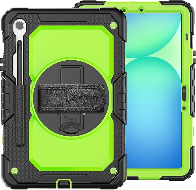 Timecity Case for Samsung Galaxy Tab S10 FE/ S9 FE 5G 10.9 Inch/ S9 11 Inch - Heavy Duty Protective Cover with Screen Protector, Rotating Stand, Shoulder Strap & S Pen Holder | Kids-Friendly, Green