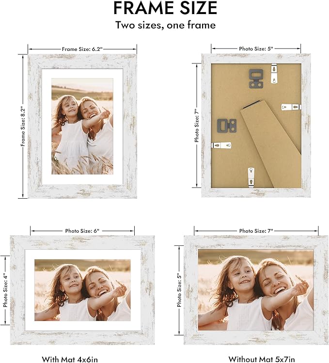 5x7 Picture Frame with Glass, Display Pictures 4x6 with Mat or 5 x 7 without Mat - Wall and Tabletop, 5 by 7 Photo Wooden Frames (Distressed White, 1 Pack)