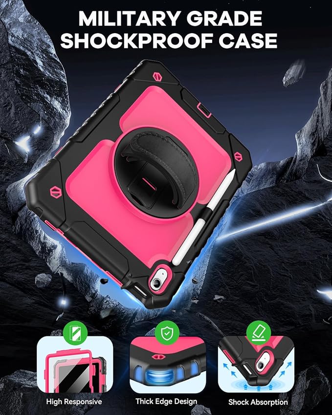 Cantis Case for iPad 11-inch (A16) 2025/ iPad 10th Generation 2022 (10.9 inch) with Screen Protector, iPad 11th Case with 360 Degree Rotating Stand/Shoulder Strap/Pencil Holder, Black+Hot Pink