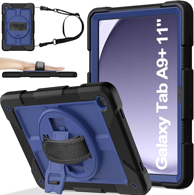 BMOUO for Samsung Galaxy Tab A9+ Plus Case 11 2023 (SM-X210/X216/X218) Shockproof Galaxy Tab A9 Plus Case with Rotating Stand and Hand/Shoulder Strap Black
